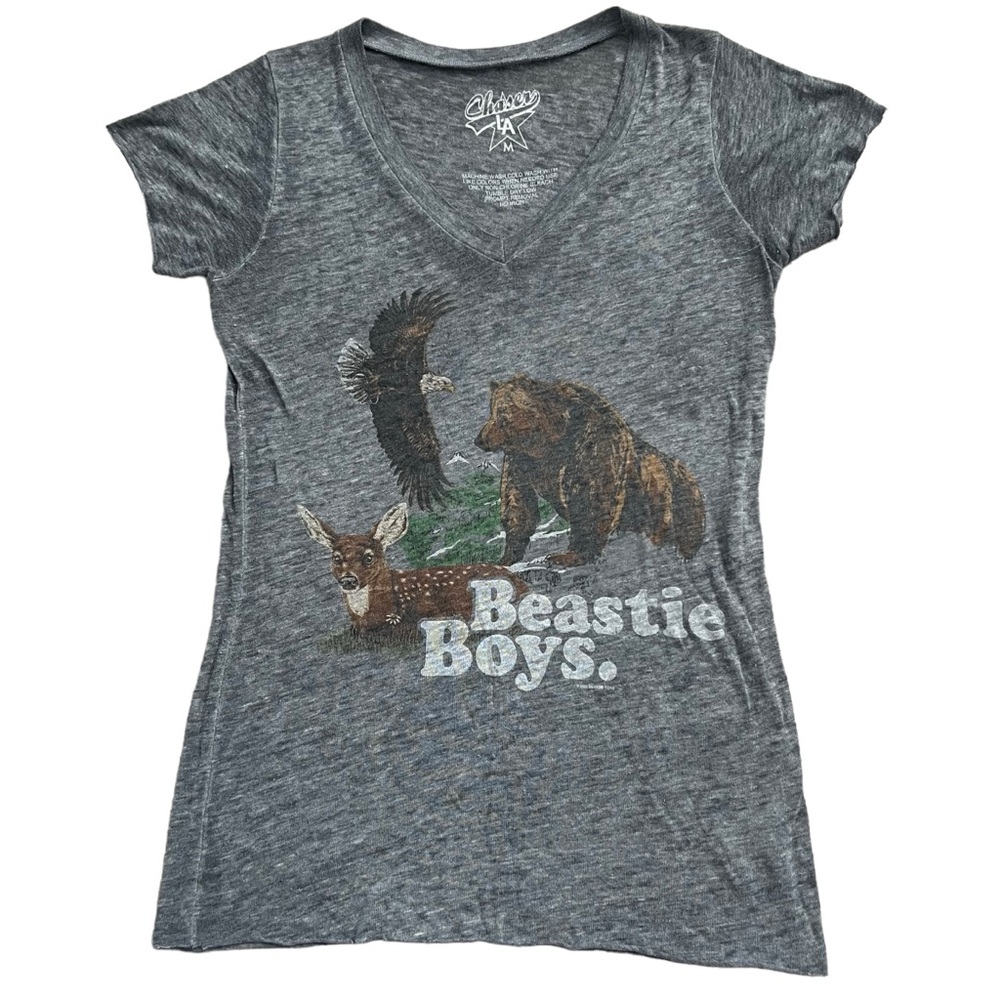 Chaser LA ‘Beastie Boys’ Wild Animals V-Neck Raw Edge Tissue Tee in Heather Gray